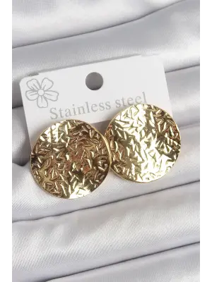 316 Çelik Gold Renk İşlemli Daire Plaka Model Kadın Küpe