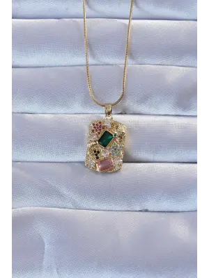 316L Altın  Çok li Zirkon Taşlı Vintage Çelik Kolye