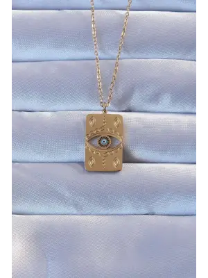 316L Altın  İşlemeli Nazarlı Vintage Çelik Kolye