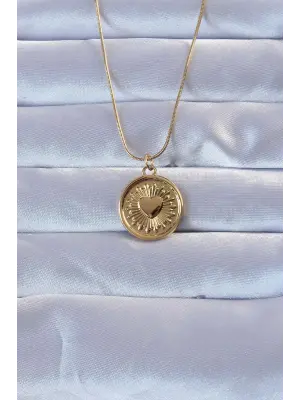 316L Altın  Parlayan Güneş Tasarımlı Oval Vintage Çelik Kolye