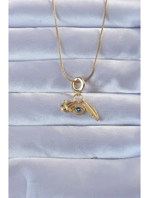 316L Altın  Zirkon Taşlı Fatma Ana Eli Yapraklı Çelik Kolye