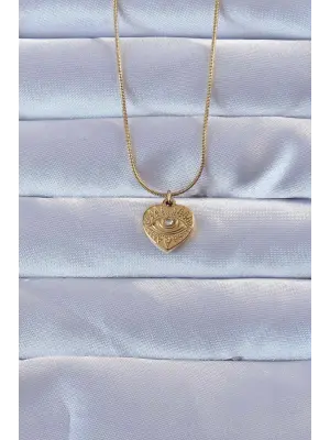 316L Altın  Zirkon Taşlı İşlemeli Göz Detay Kalp Çelik Kolye