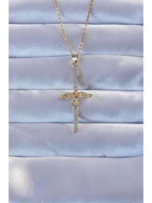 316L Altın  Zirkon Taşlı Kılıç Model Anka Kuşu Çelik Kolye