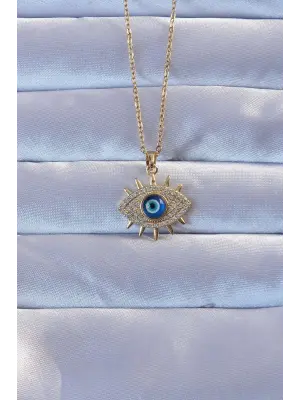 316L Altın  Zirkon Taşlı Nazarlı Göz Çelik Kolye