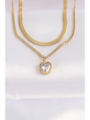 2li Zincir Altın  Zirkon Taşlı Minimal Kalp Çelik Kolye