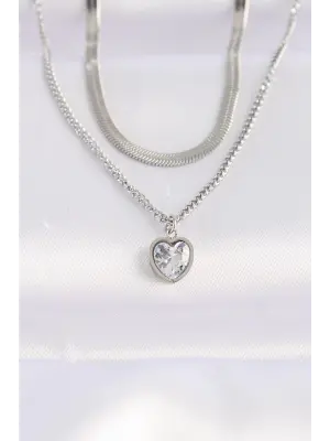  2li Zincir Gümüş  Zirkon Taşlı Minimal Kalp Çelik Kolye