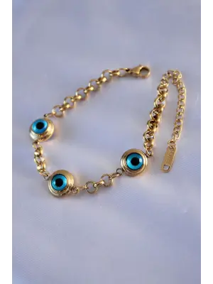 316L Çelik 3 Göz Nazar Model Gold Renk Kadın Bileklik