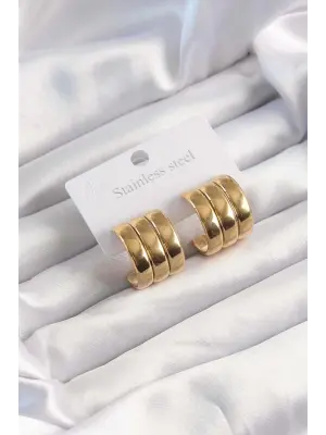   Altın Renk 3lü Görünüm Bombe Model Yarım Halka Küpe