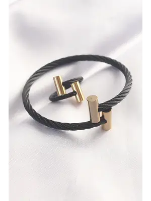 316L Çelik Altın Renk Aksesuarlı Siyah Burgu Model Bileklik ve Yüzük Kombini