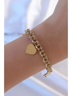 316L Çelik Altın Renk Halka Zincirli Kalp ve Yıldız Bileklik