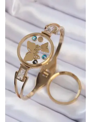 316L Çelik Altın Renk İçi Kelebek ve Nazar Boncuk Figürlü Açılabilir Fanus Kelepçe