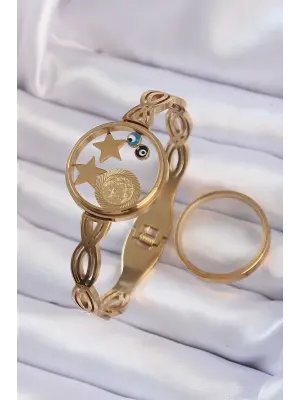 316L Çelik Altın Renk İçi Nazar Boncuk ve Yıldız Figürlü Açılabilir Fanus Kelepçe