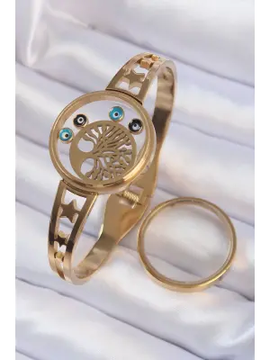 316L Çelik Altın Renk İçi Yaşam Ağacı ve Nazar Boncuk Figürlü Açılabilir Fanus Kelepçe