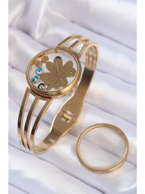 316L Çelik Altın Renk İçi Yonca ve Nazar Boncuk Figürlü Açılabilir Fanus Kelepçe