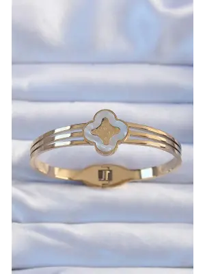 316L Çelik Altın Renk İşlemeli Sedefli Yonca Kelepçe