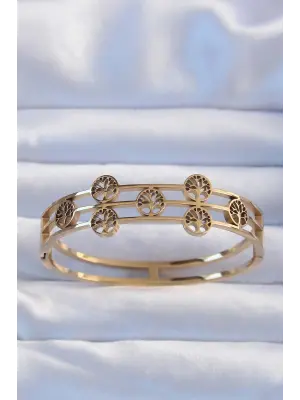 316L Çelik Altın Renk Minimal Yaşam Ağacı Tasarımlı Kelepçe