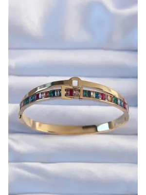 316L Çelik Altın Renk Renkli Zirkon Taşlı Kemer Tasarımlı Kelepçe