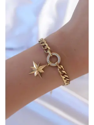 316L Çelik Altın Renk Samanyolu Zincirli Zirkon Taşlı Kutup Yıldızı Bileklik