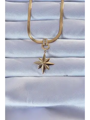  Altın  Zirkon Taşlı İtalyan Zincirli Kutup Yıldızı Çelik Kolye