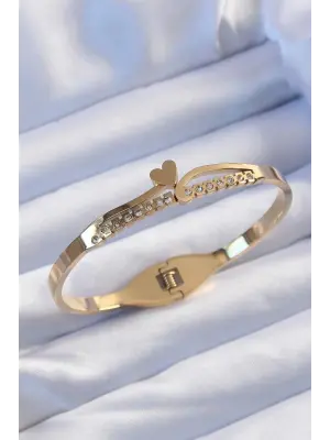 316L Çelik Altın Renk Zirkon Taşlı Kalp Model Kelepçe