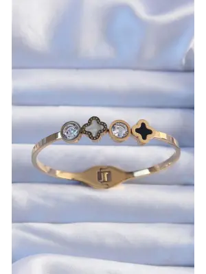 316L Çelik Altın Renk Zirkon Taşlı Mineli Yonca Kelepçe