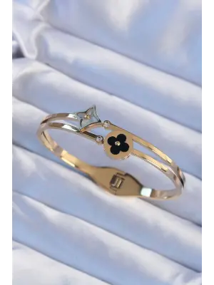 316L Çelik Altın Renk Zirkon Taşlı Mineli Yonca Kelepçe