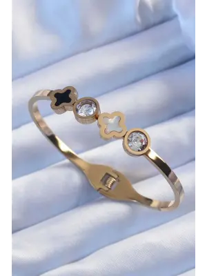 316L Çelik Altın Renk Zirkon Taşlı Mineli Yonca Kelepçe