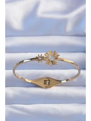 316L Çelik Altın Renk Zirkon Taşlı Papatya Kelepçe