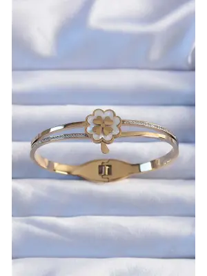 316L Çelik Altın Renk Zirkon Taşlı Sedefli Yonca Kelepçe