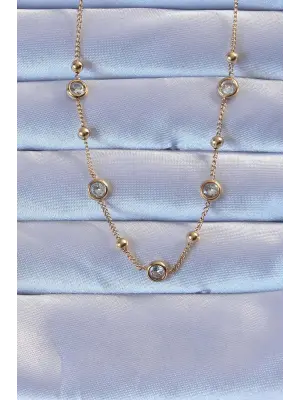  Altın  Zirkon Taşlı Top Zincirli Çelik Kolye