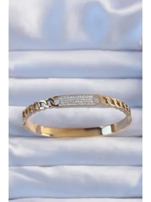 316L Çelik Altın Renk Zirkon Taşlı Zincir Desenli Kelepçe