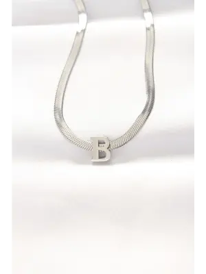  B Harfli Silver  İtalyan Zincirli Çelik Kolye