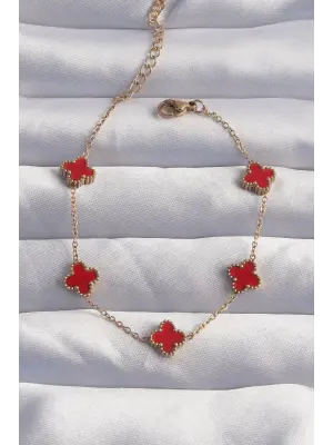 316L Çelik Baby Boy Gold Renk Kırmızı Mineli Yonca Bileklik