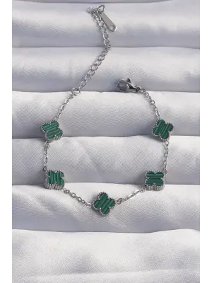 316L Çelik Baby Boy Gümüş Renk Çizgili Yeşil Mineli Yonca Bileklik