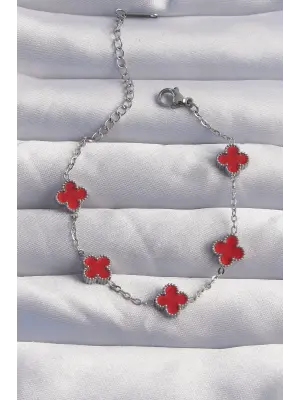 316L Çelik Baby Boy Gümüş Renk Kırmızı Mineli Yonca Bileklik