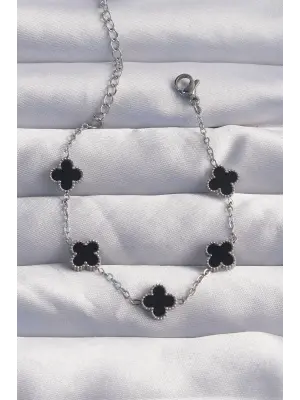 316L Çelik Baby Boy Gümüş Renk Siyah Mineli Yonca Bileklik