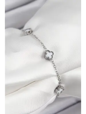 316L Çelik Beyaz Sedef Yonca Model Gümüş Renk Kadın Bileklik