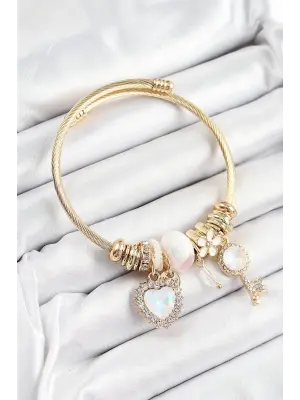 316L Çelik Beyaz Zirkon Taşlı Anahtar Ve Kalp Model Gold Renk Charm Bileklik