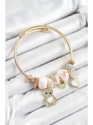 316L Çelik Beyaz Zirkon Taşlı Ayıcık Ve Kalp Model Gold Renk Charm Bileklik