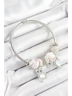 316L Çelik Beyaz Zirkon Taşlı Ayıcık Ve Kalp Model Gümüş Renk Charm Bileklik