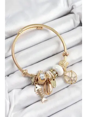 316L Çelik Beyaz Zirkon Taşlı Balık Deniz Kabuğu Ve Deniz Yıldızı Model Gold Renk Charm Bileklik