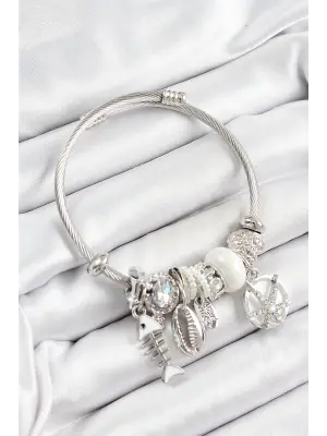 316L Çelik Beyaz Zirkon Taşlı Balık Deniz Kabuğu Ve Deniz Yıldızı Model Gümüş Renk Charm Bileklik