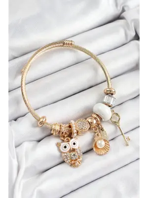 316L Çelik Beyaz Zirkon Taşlı Baykuş İstiridye Ve Anahtar Model Gold Renk Charm Bileklik