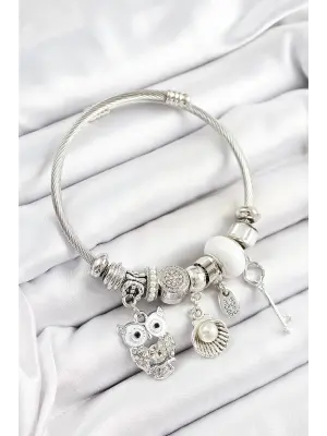 316L Çelik Beyaz Zirkon Taşlı Baykuş İstiridye Ve Anahtar Model Gümüş Renk Charm Bileklik