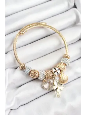 316L Çelik Beyaz Zirkon Taşlı Kalp Kelebek Ve İstiridye Model Gold Renk Charm Bileklik