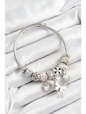 316L Çelik Beyaz Zirkon Taşlı Kalp Kelebek Ve İstiridye Model Gümüş Renk Charm Bileklik