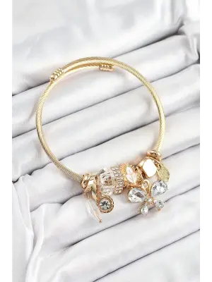 316L Çelik Beyaz Zirkon Taşlı Kelebek Model Gold Renk Charm Bileklik