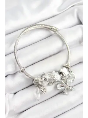 316L Çelik Beyaz Zirkon Taşlı Kelebek Model Gümüş Renk Charm Bileklik