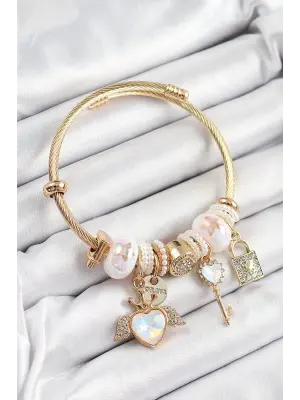 316L Çelik Beyaz Zirkon Taşlı Kilit Anahtar Ve Kalp Model Gold Renk Charm Bileklik