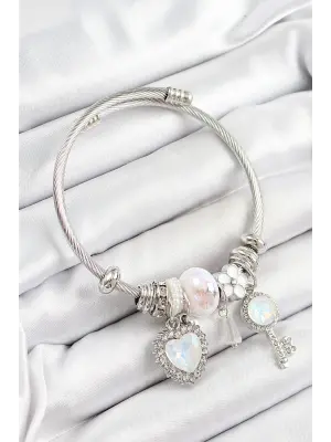 316L Çelik Beyaz Zirkon Taşlı Yıldız Anahtar Ve Kalp Model Gümüş Renk Charm Bileklik